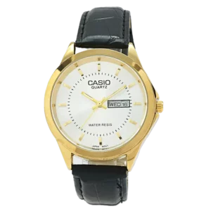 خرید ساعت مچی مردانه کاسیو CASIO مدل کلاسیک کد 2339 صفحه دایره ای سفید و بند چرمی مشکی و دارای تقویم ایام هفته و ایام ماه و موتور ژاپن اصلی