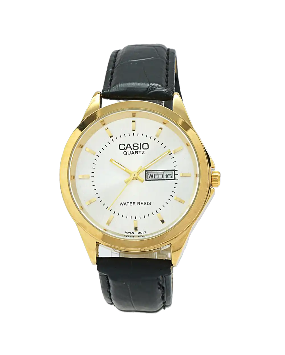 خرید ساعت مچی مردانه کاسیو CASIO مدل کلاسیک کد 2339 صفحه دایره ای سفید و بند چرمی مشکی و دارای تقویم ایام هفته و ایام ماه و موتور ژاپن اصلی