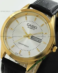 خرید ساعت مچی مردانه کاسیو CASIO مدل کلاسیک کد 2339 صفحه دایره ای سفید و بند چرمی مشکی و دارای تقویم ایام هفته و ایام ماه و موتور ژاپن اصلی