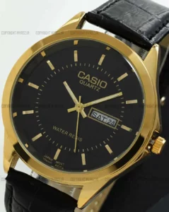 خرید ساعت مچی مردانه کاسیو CASIO مدل کلاسیک کد 2340 صفحه دایره ای مشکی و بند چرمی مشکی و دارای تقویم ایام هفته و ایام ماه و موتور ژاپن اصلی