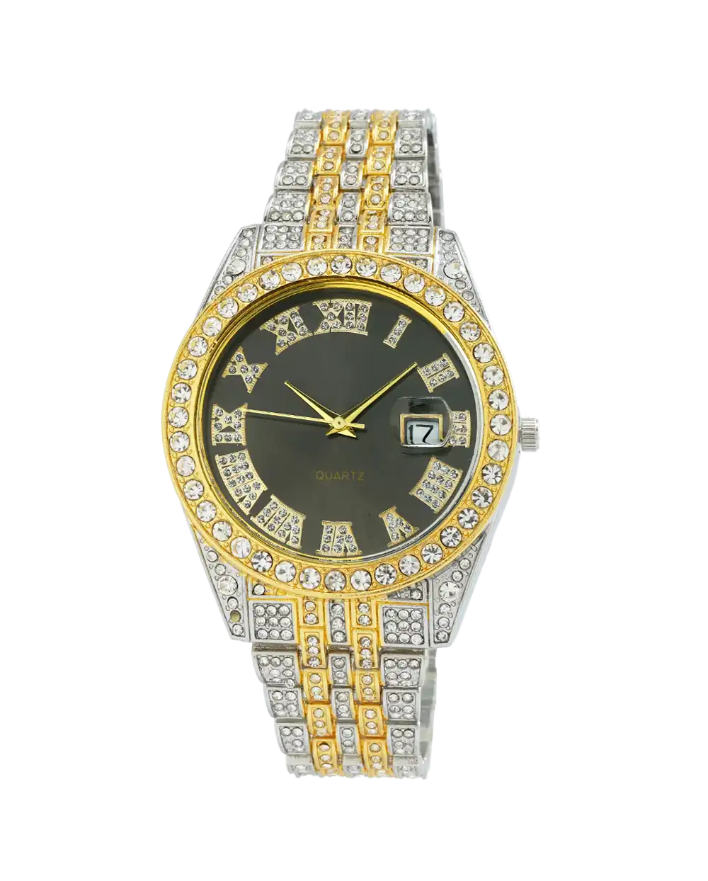 خرید ساعت مچی مردانه رولکس ROLEX مدل فول نگین کد 2382 صفحه مشکی و بند استیل نقره ای طلایی و نگین کاری شده و تقویم تلسکوپی و رنگ ثابت