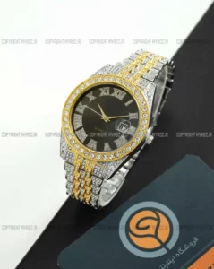 خرید ساعت مچی مردانه رولکس ROLEX مدل فول نگین کد 2382 صفحه مشکی و بند استیل نقره ای طلایی و نگین کاری شده و تقویم تلسکوپی و رنگ ثابت