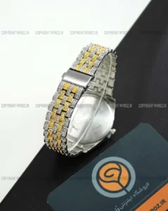 خرید ساعت مچی مردانه رولکس ROLEX مدل فول نگین کد 2382 صفحه مشکی و بند استیل نقره ای طلایی و نگین کاری شده و تقویم تلسکوپی و رنگ ثابت