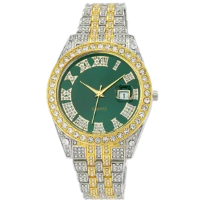 خرید ساعت مچی مردانه رولکس ROLEX مدل فول نگین کد 2383 صفحه سبز گرد و بند استیل نقره ای طلایی و نگین کاری شده و تقویم تلسکوپی و رنگ ثابت