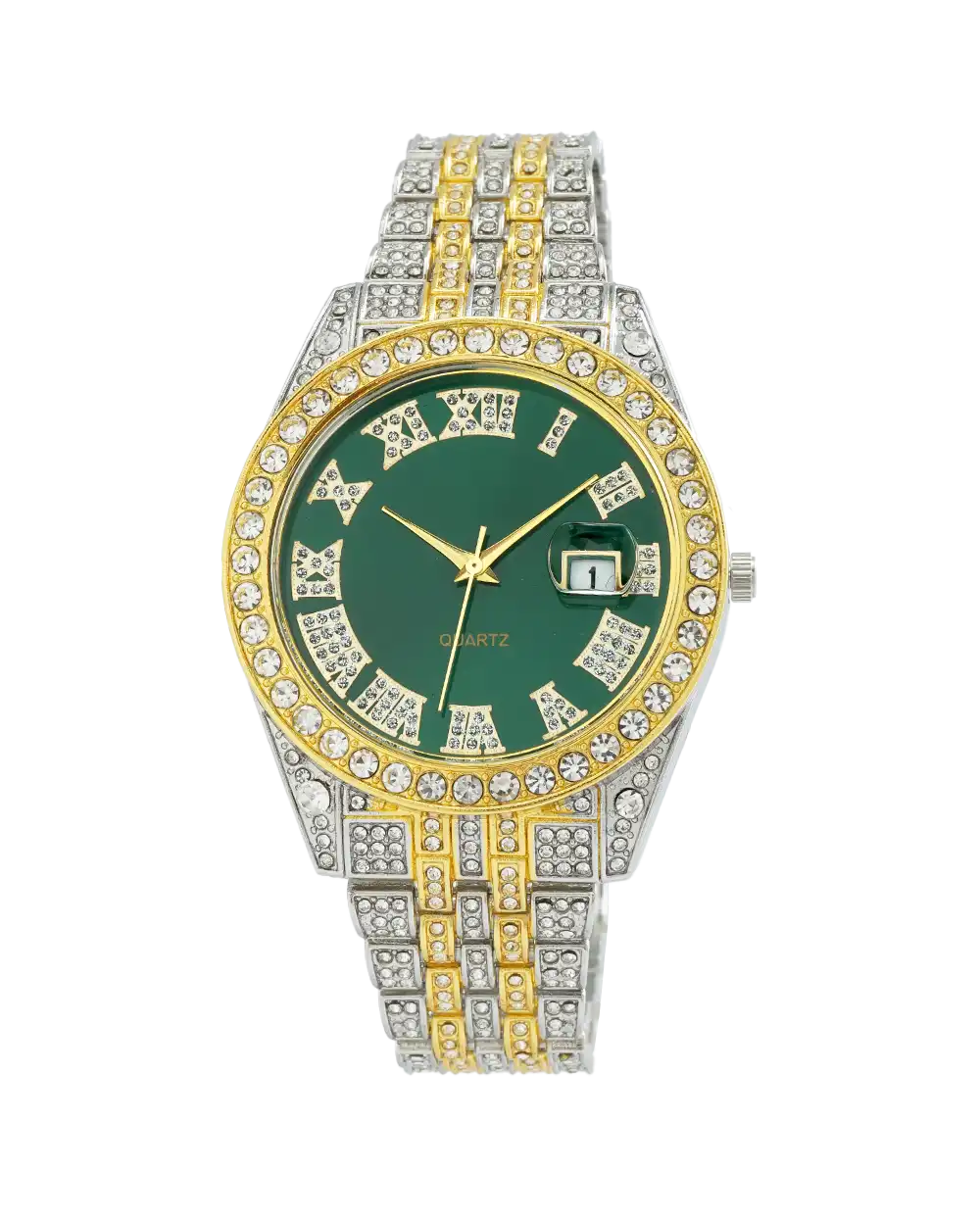 خرید ساعت مچی مردانه رولکس ROLEX مدل فول نگین کد 2383 صفحه سبز گرد و بند استیل نقره ای طلایی و نگین کاری شده و تقویم تلسکوپی و رنگ ثابت