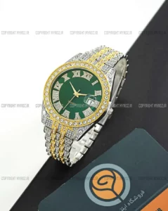 خرید ساعت مچی مردانه رولکس ROLEX مدل فول نگین کد 2383 صفحه سبز گرد و بند استیل نقره ای طلایی و نگین کاری شده و تقویم تلسکوپی و رنگ ثابت