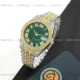 خرید ساعت مچی مردانه رولکس ROLEX مدل فول نگین کد 2383 صفحه سبز گرد و بند استیل نقره ای طلایی و نگین کاری شده و تقویم تلسکوپی و رنگ ثابت