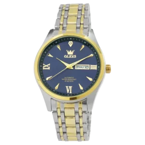 خرید ساعت مچی مردانه اولوز OLEVS مدل فشن کد 2451 صفحه سرمه ای و بند استیل نقره ای طلایی رنگ ثابت و دارای تقویم ایام هفته و ماه و جعبه