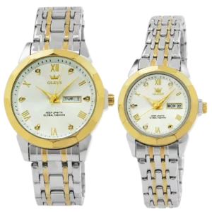 خرید ست ساعت مچی اولوز OLEVS مدل 9931 کد 2462 صفحه سفید طرح الماس و بند استیل نقره ای طلایی رنگ ثابت و مناسب عروس و داماد