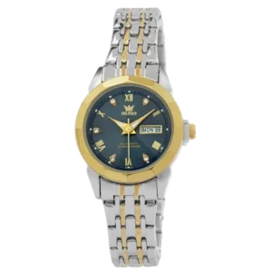 خرید ساعت مچی زنانه اولوز OLEVS مدل 9931 کد 2464 صفحه سرمه ای طرح الماس و بند استیل نقره ای طلایی رنگ ثابت و اورجینال و دارای تقویم هفته و ماه