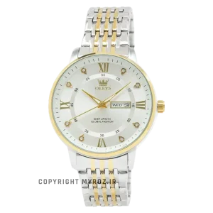 خرید ساعت مچی مردانه اولوز OLEVS مدل 5513-SGS کد 2681 صفحه سفید و بند نقره ای طلایی و دارای تقویم ایام هفته و ماه و قفل پروانه همراه با جعبه