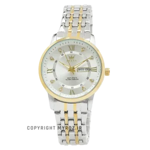 خرید ساعت مچی زنانه اولوز OLEVS مدل 5513-SGS کد 2682 صفحه سفید و بند استیل نقره ای طلایی رنگ ثابت و دارای تقویم ایام هفته و ماه و دارای ضمانت