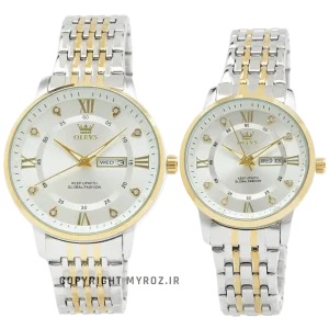 خرید ست ساعت مچی اولوز OLEVS مدل 5513-SGS کد 2683 صفحه سفید و بند استیل نقره ای طلایی و مناسب برای هدیه دادن آقایان و خانم ها به یکدیگر